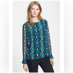 Equipment Liam Snakeskin Print Blue & Green Silk Long Sleeve Blouse Top Large
